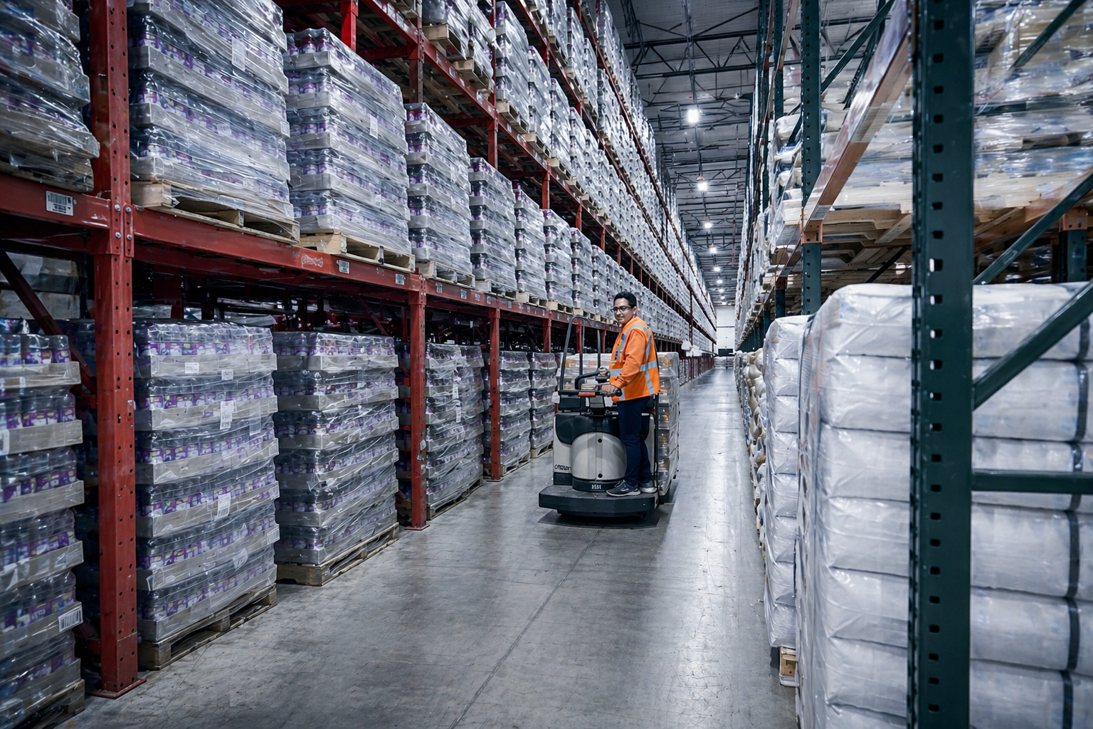 Worker operating equipment in a food-grade 3rd party warehouse in South Brunswick, New Jersey, with palletized inventory and organized storage racks