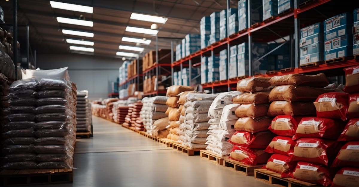 Fulfillment warehouse filled with pet brand supplies and products